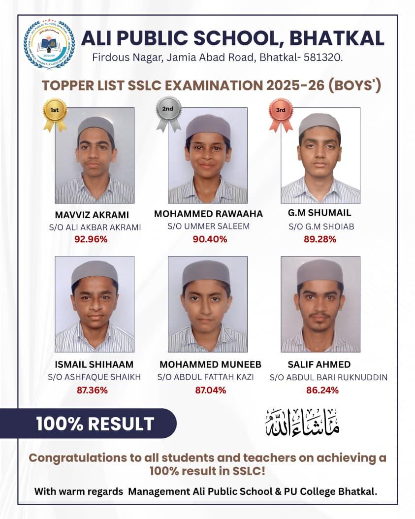Ali Public Schools, Bhatkal Achieve 100% SSLC Results