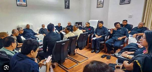 Dressed in black, Opposition MPs meet to chalk out strategy in Parliament