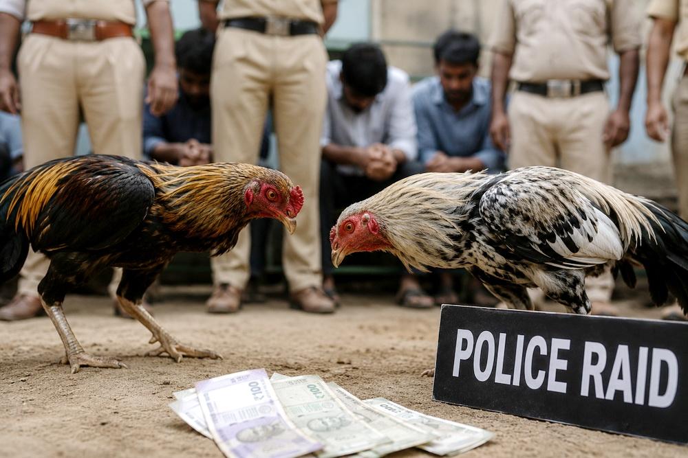 Two arrested in cockfighting gambling raid near Murdeshwar; one flees