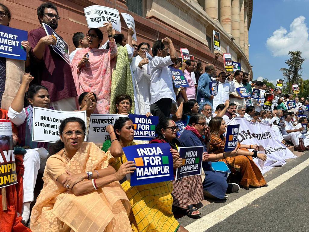 Opposition demands PM's statement on Manipur violence, holds protest in Parliament premises